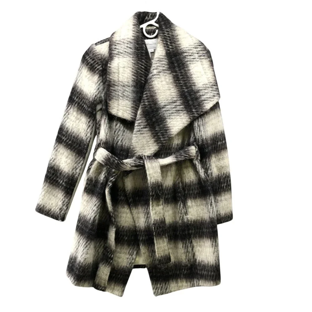 BCBGeneration Plaid Wool Blend Wrap Coat Womens Small S Black Ivory Fuzzy Long - Picture 2 of 13